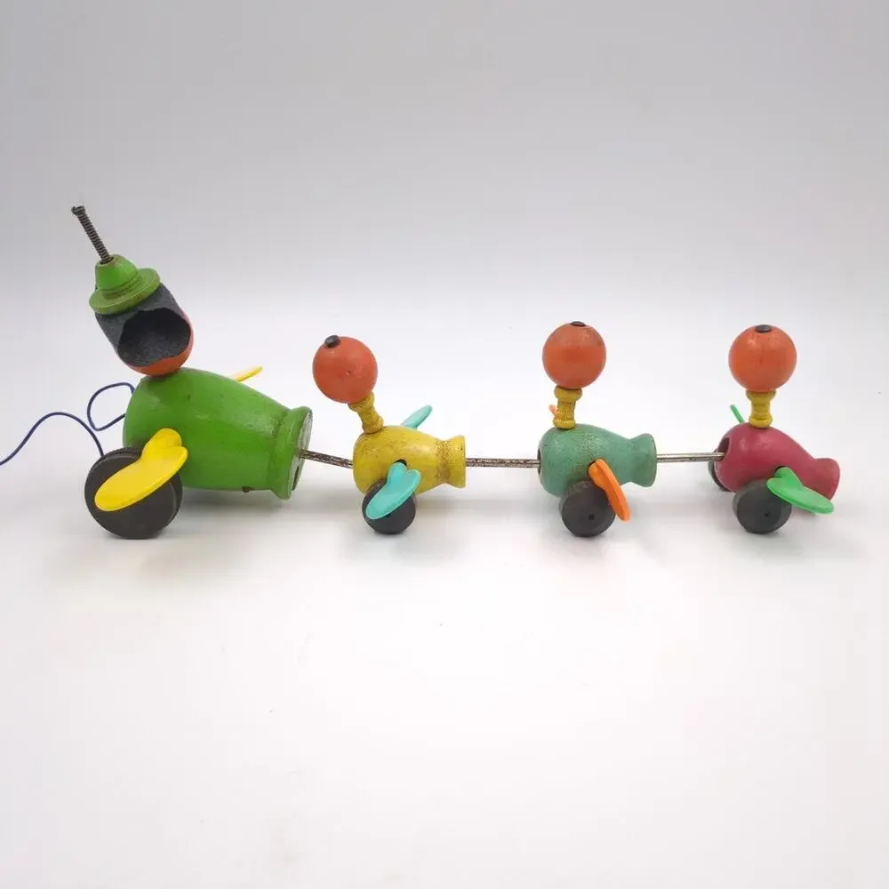 VTG 1960s Fisher Price Gabby Goofies Wooden Duck Family Pull Toy 175 Floppy Hat